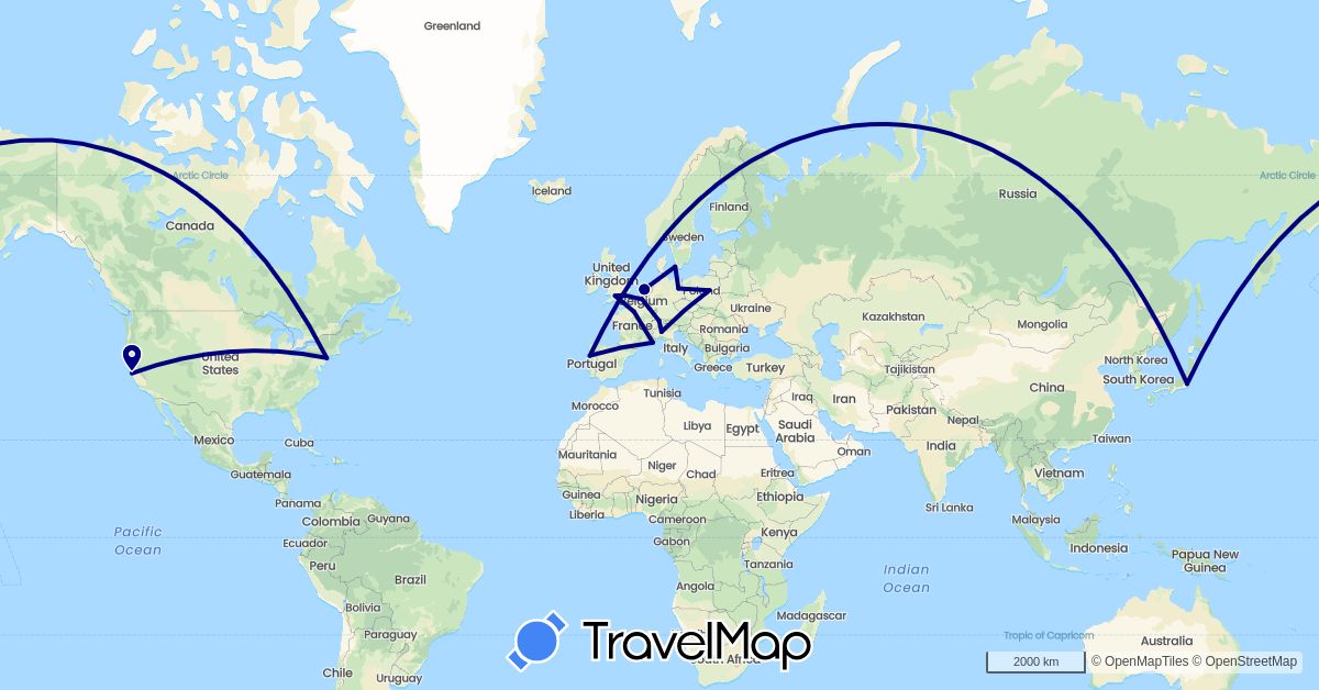 TravelMap itinerary: driving in Belgium, Switzerland, Germany, Denmark, France, United Kingdom, Italy, Japan, Netherlands, Poland, Portugal, United States (Asia, Europe, North America)